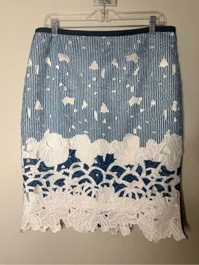 Blue and White Lace-Trim Pencil Skirt